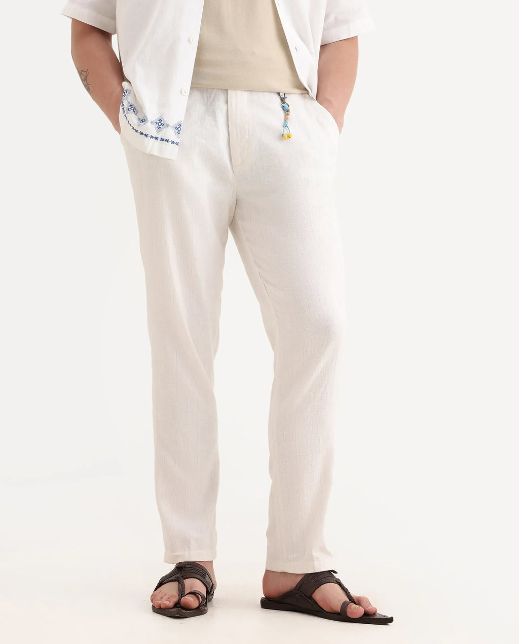 Rare Rabbit Men's Jlo Beige Linen Blend Plain Relaxed Fit Trouser