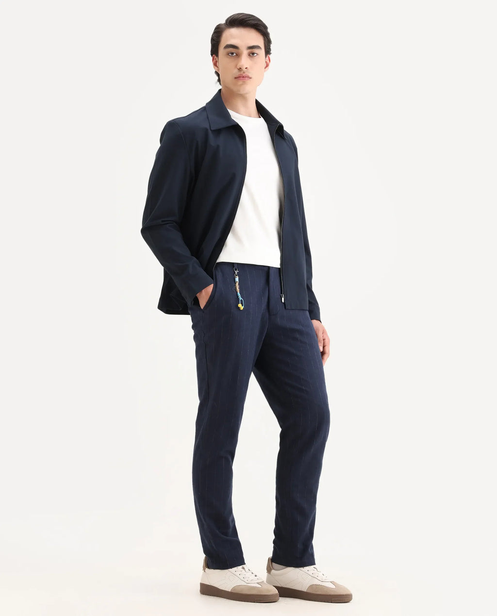 Rare Rabbit Men's Jlo Blue Linen Blend Striped Print Relaxed Fit Trouser