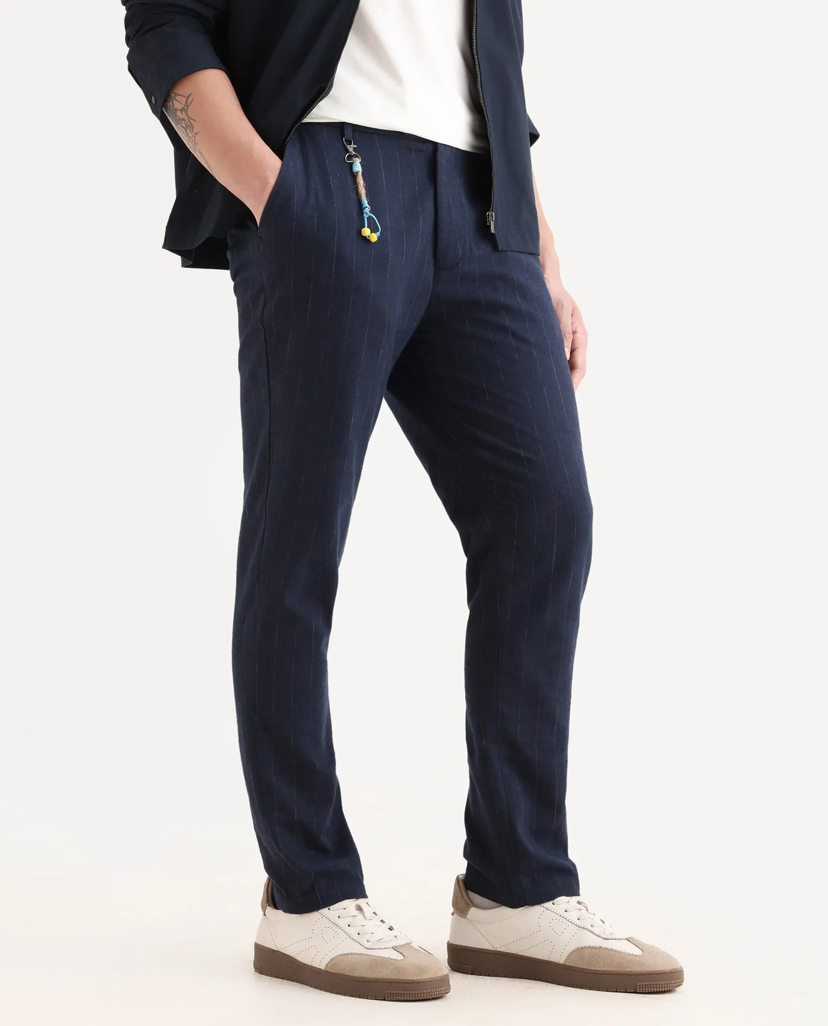 Rare Rabbit Men's Jlo Blue Linen Blend Striped Print Relaxed Fit Trouser