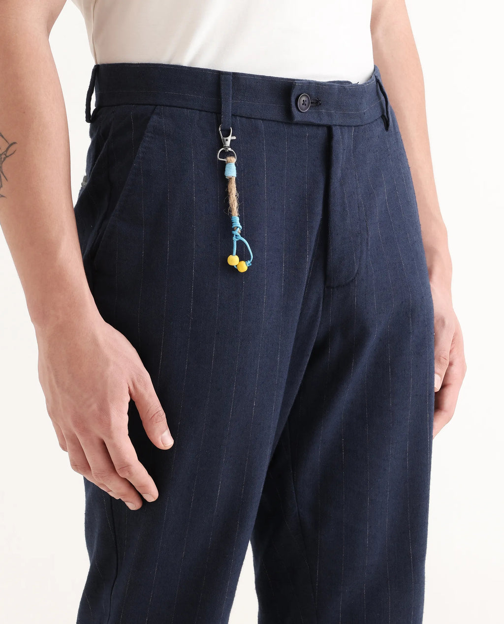 Rare Rabbit Men's Jlo Blue Linen Blend Striped Print Relaxed Fit Trouser