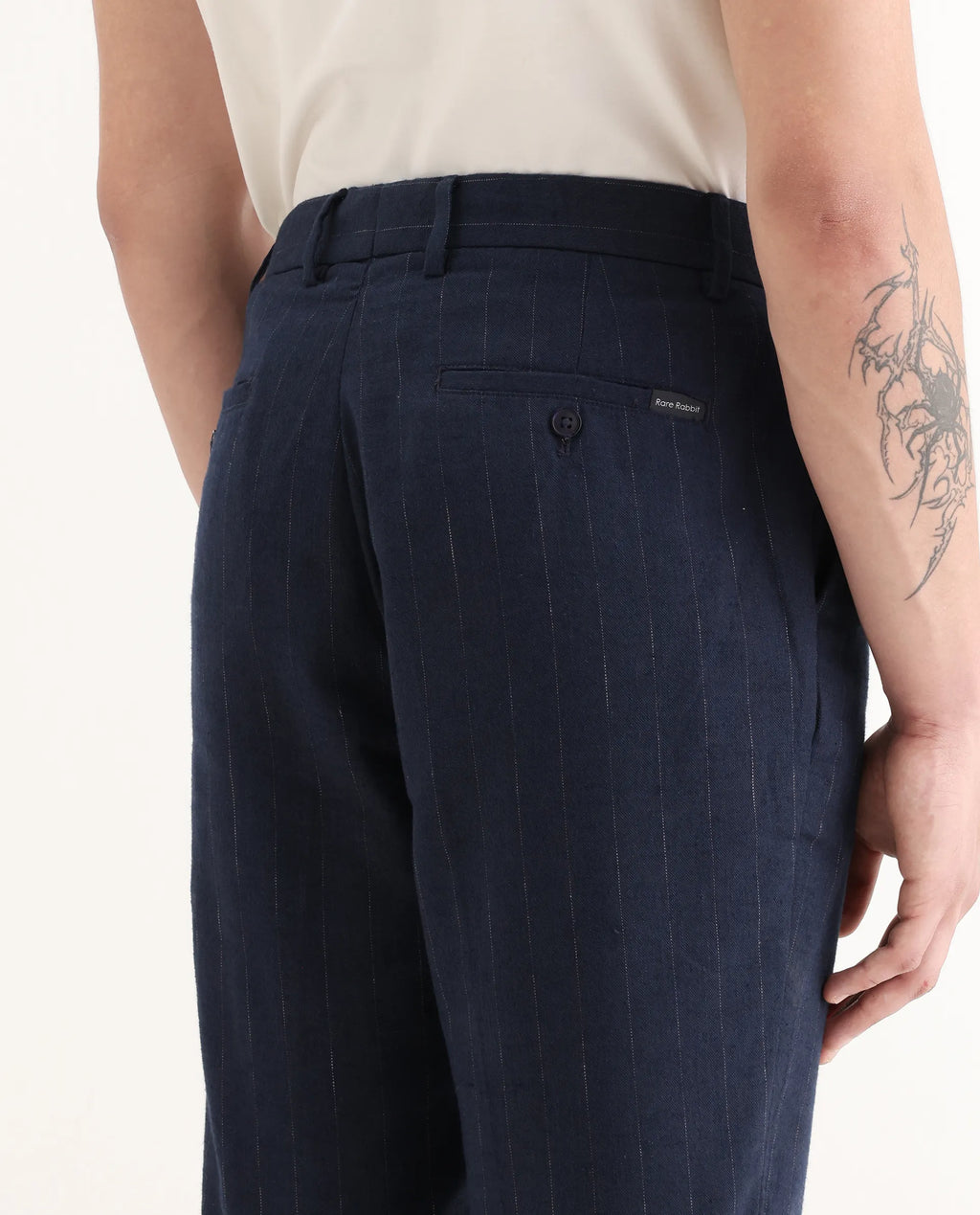 Rare Rabbit Men's Jlo Blue Linen Blend Striped Print Relaxed Fit Trouser