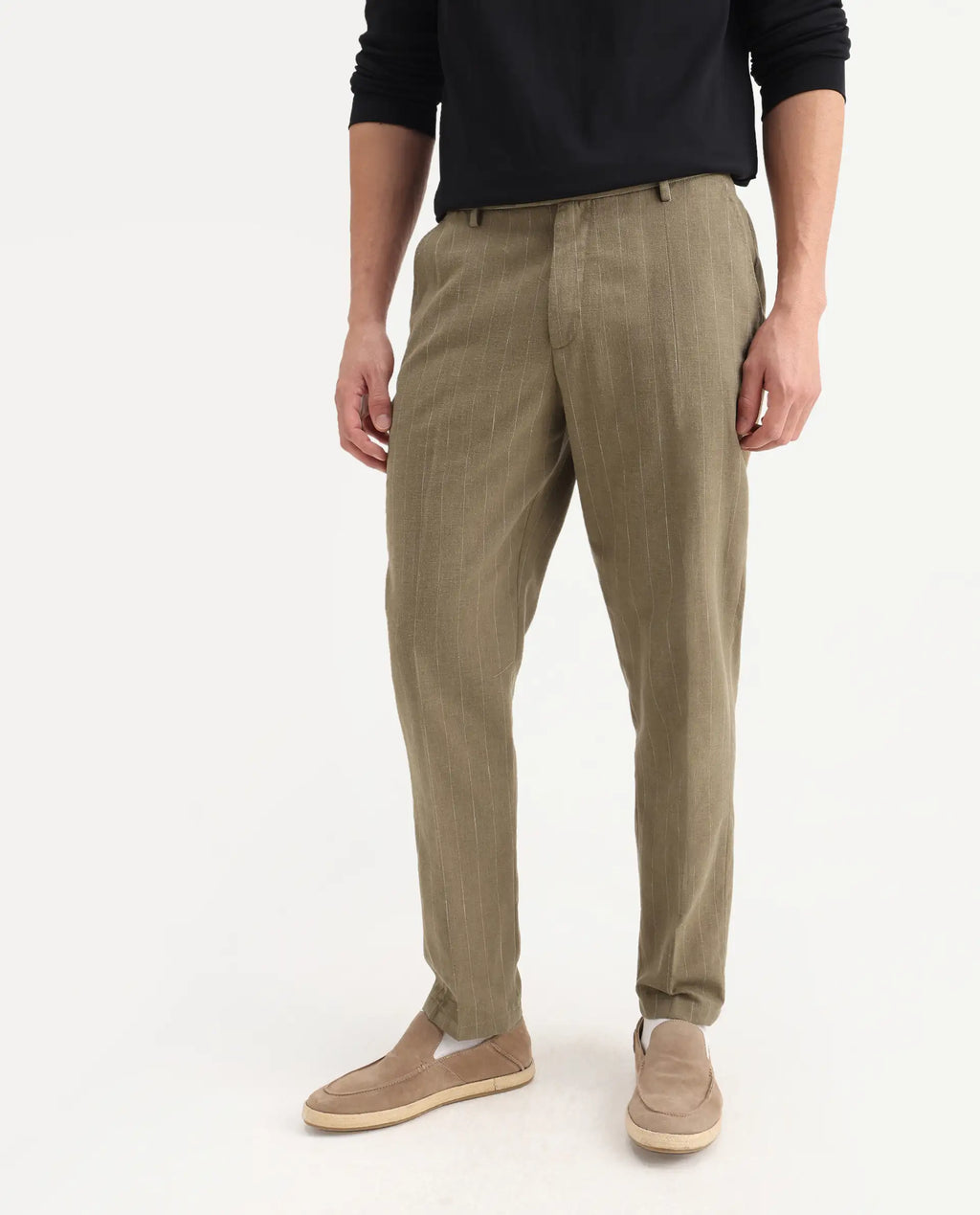 Rare Rabbit Men's Jlo Khaki Linen Blend Striped Print Relaxed Fit Trouser