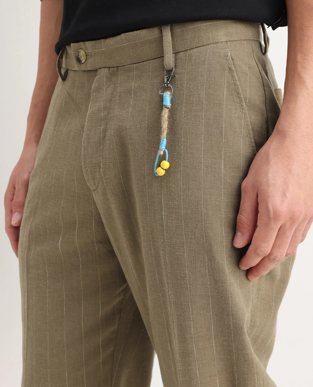 Rare Rabbit Men's Jlo Khaki Linen Blend Striped Print Relaxed Fit Trouser