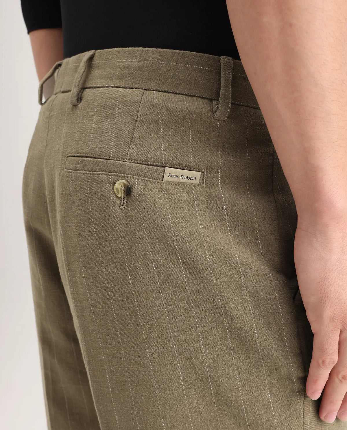 Rare Rabbit Men's Jlo Khaki Linen Blend Striped Print Relaxed Fit Trouser