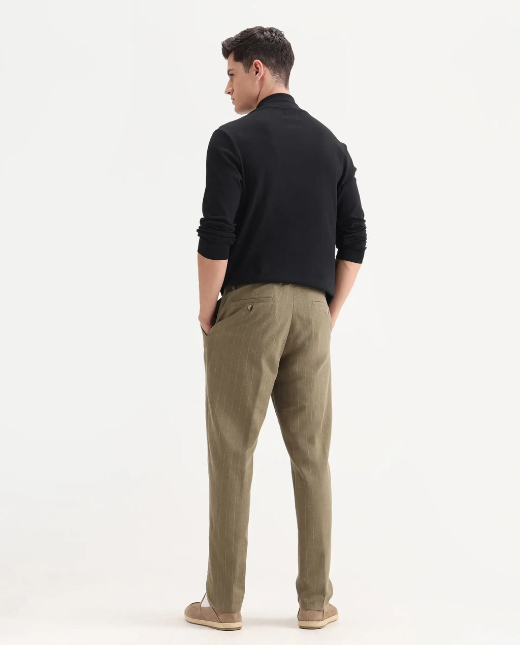 Rare Rabbit Men's Jlo Khaki Linen Blend Striped Print Relaxed Fit Trouser