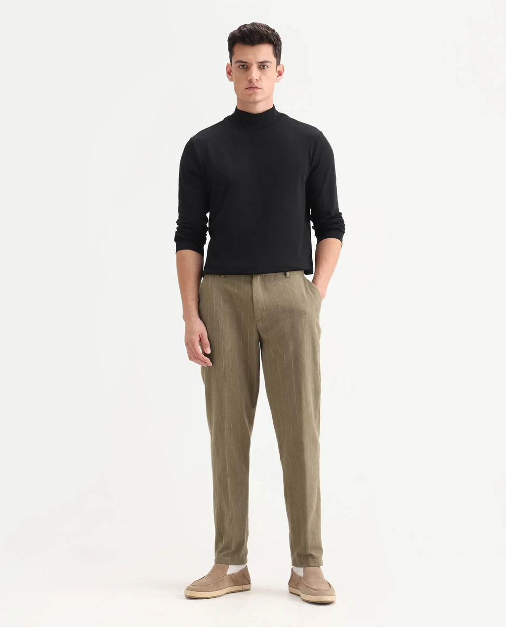 Rare Rabbit Men's Jlo Khaki Linen Blend Striped Print Relaxed Fit Trouser