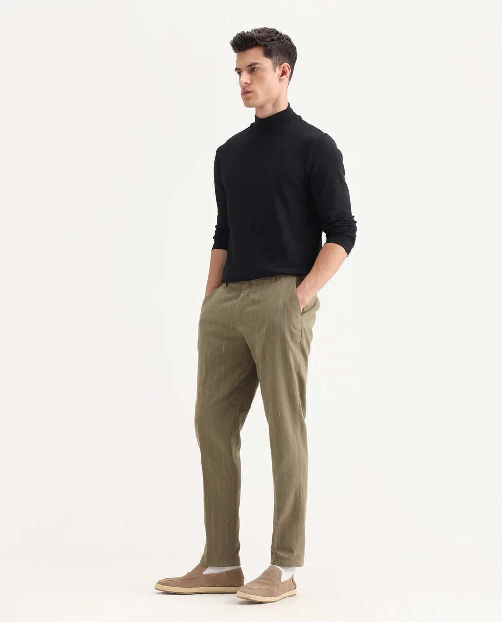 Rare Rabbit Men's Jlo Khaki Linen Blend Striped Print Relaxed Fit Trouser