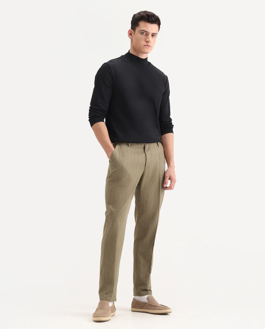 Rare Rabbit Men's Jlo Khaki Linen Blend Striped Print Relaxed Fit Trouser