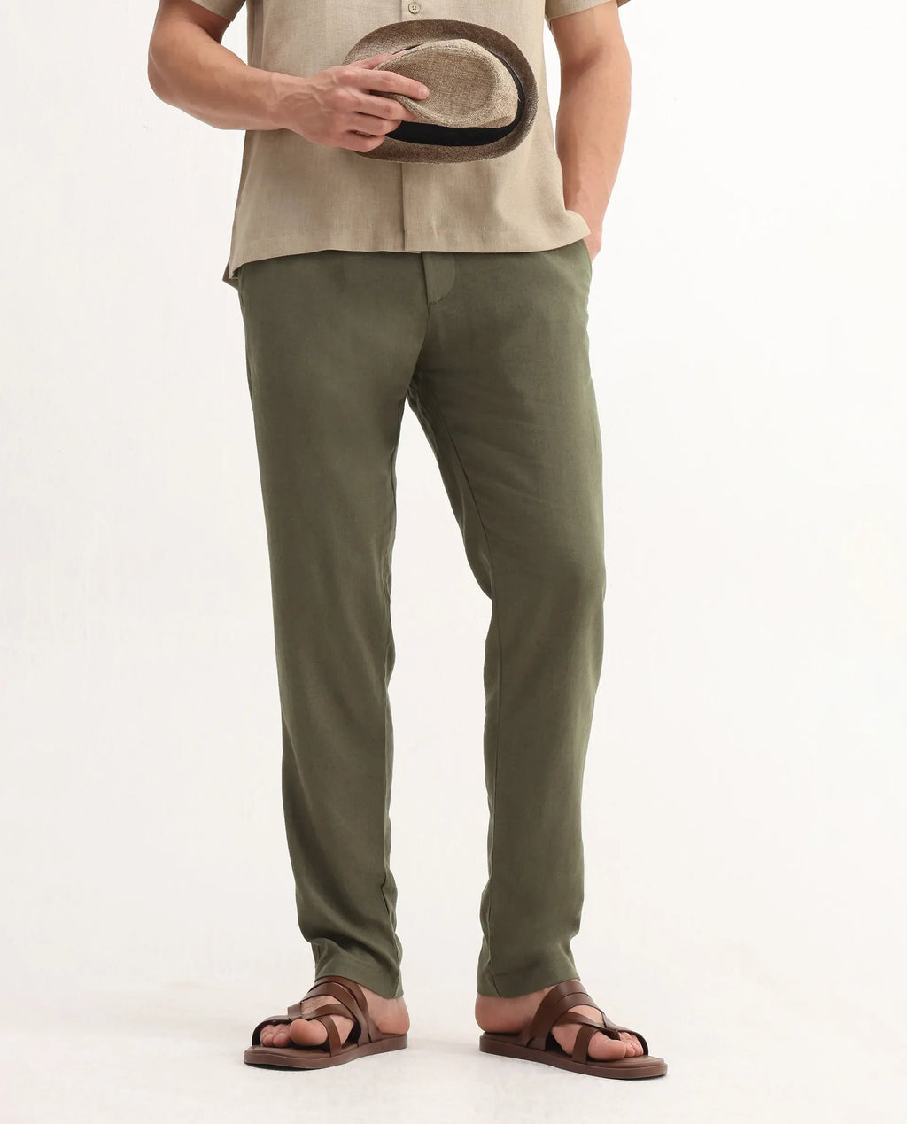 Rare Rabbit Men's Jomo-B Olive Linen Blend Plain Regular Fit Trouser