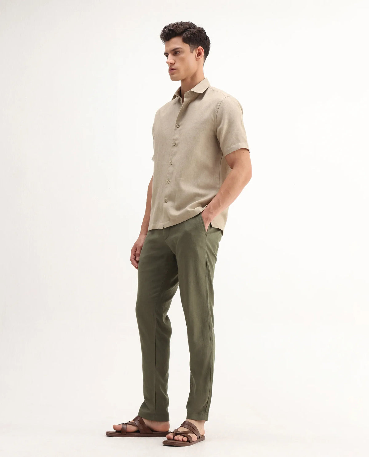 Rare Rabbit Men's Jomo-B Olive Linen Blend Plain Regular Fit Trouser