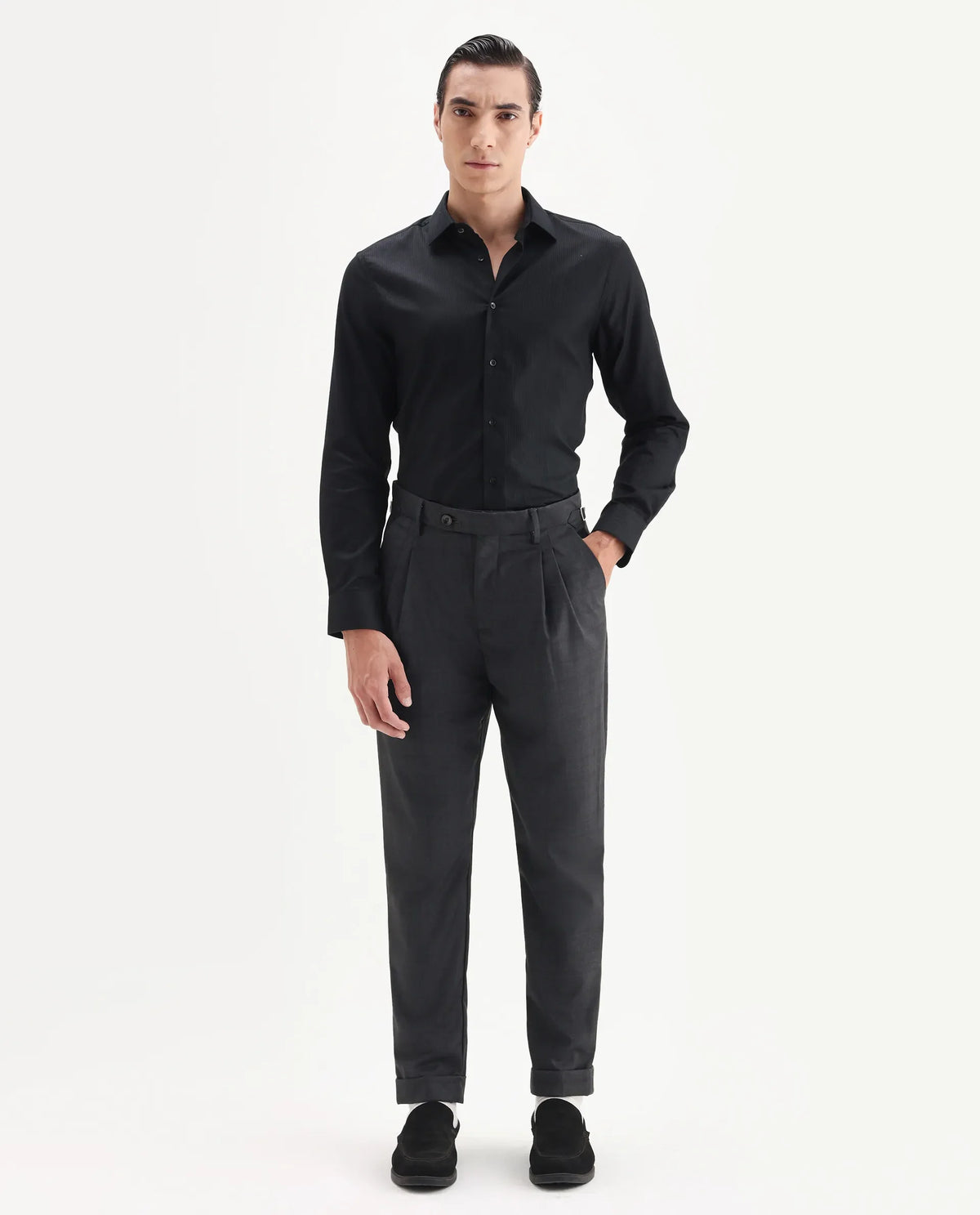Rare Rabbit Men's Jorin Dark Grey Viscose Blend Plain Relaxed Fit Trouser