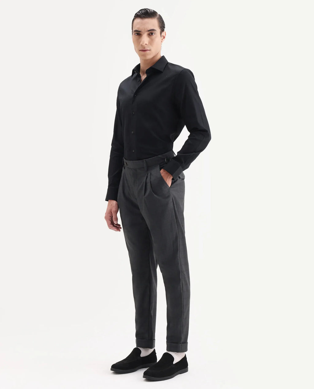 Rare Rabbit Men's Jorin Dark Grey Viscose Blend Plain Relaxed Fit Trouser