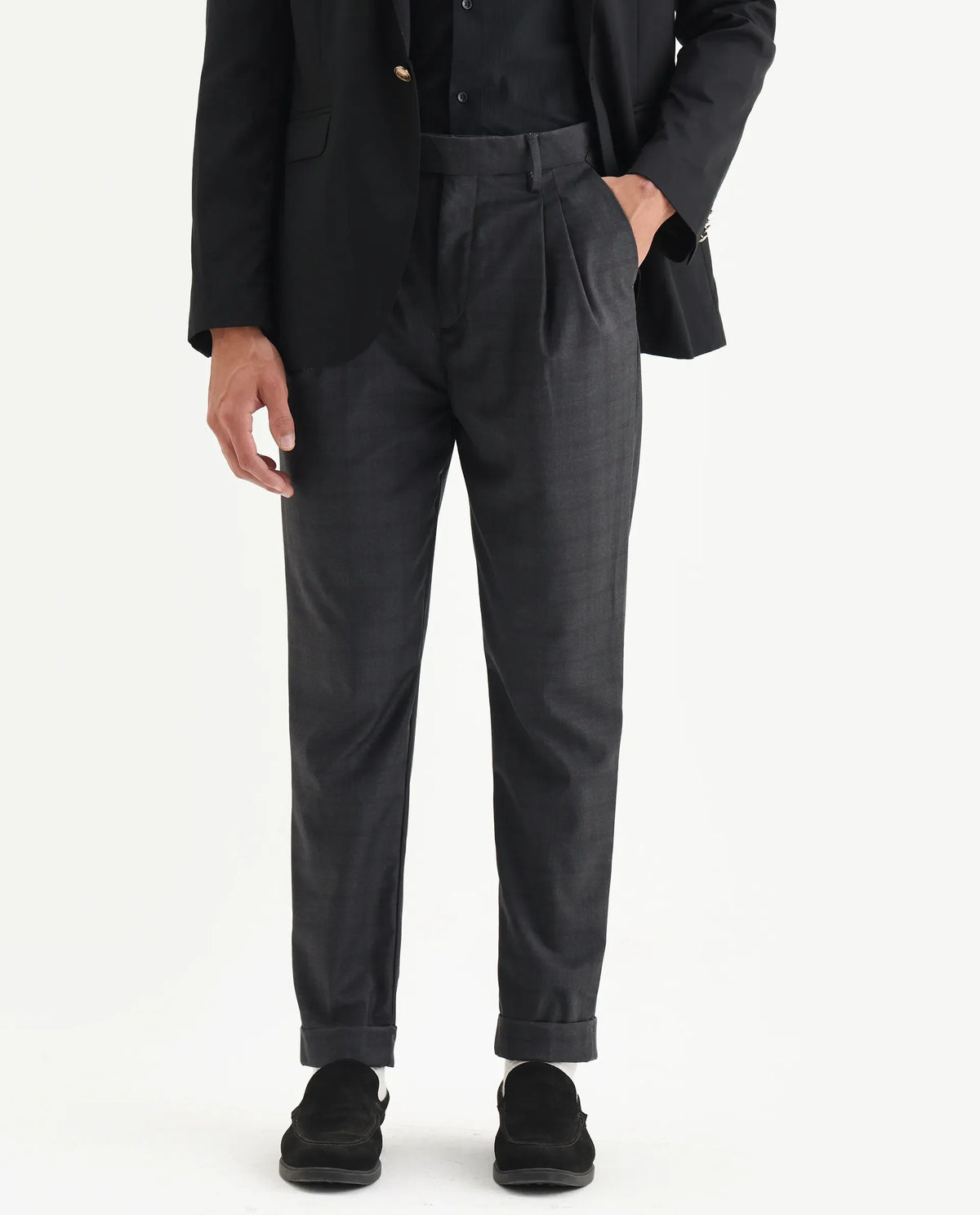 Rare Rabbit Men's Jorin Dark Grey Viscose Blend Plain Relaxed Fit Trouser