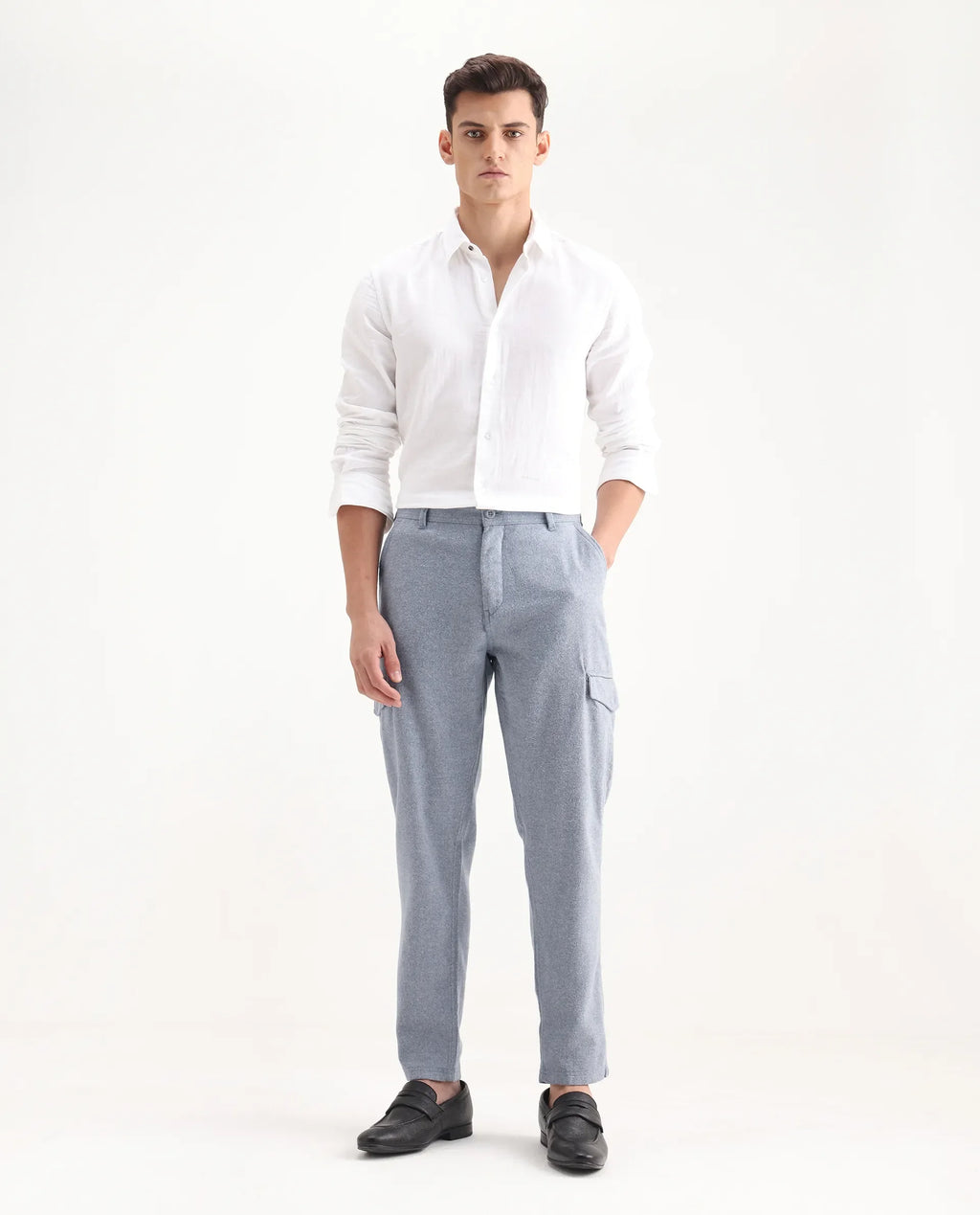 Rare Rabbit Men's Kalor Blue Cotton Plain Regular Fit Trouser