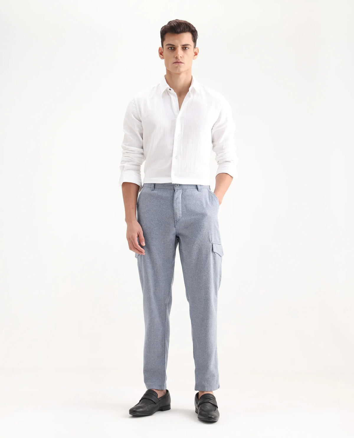 Rare Rabbit Men's Kalor Blue Cotton Plain Regular Fit Trouser