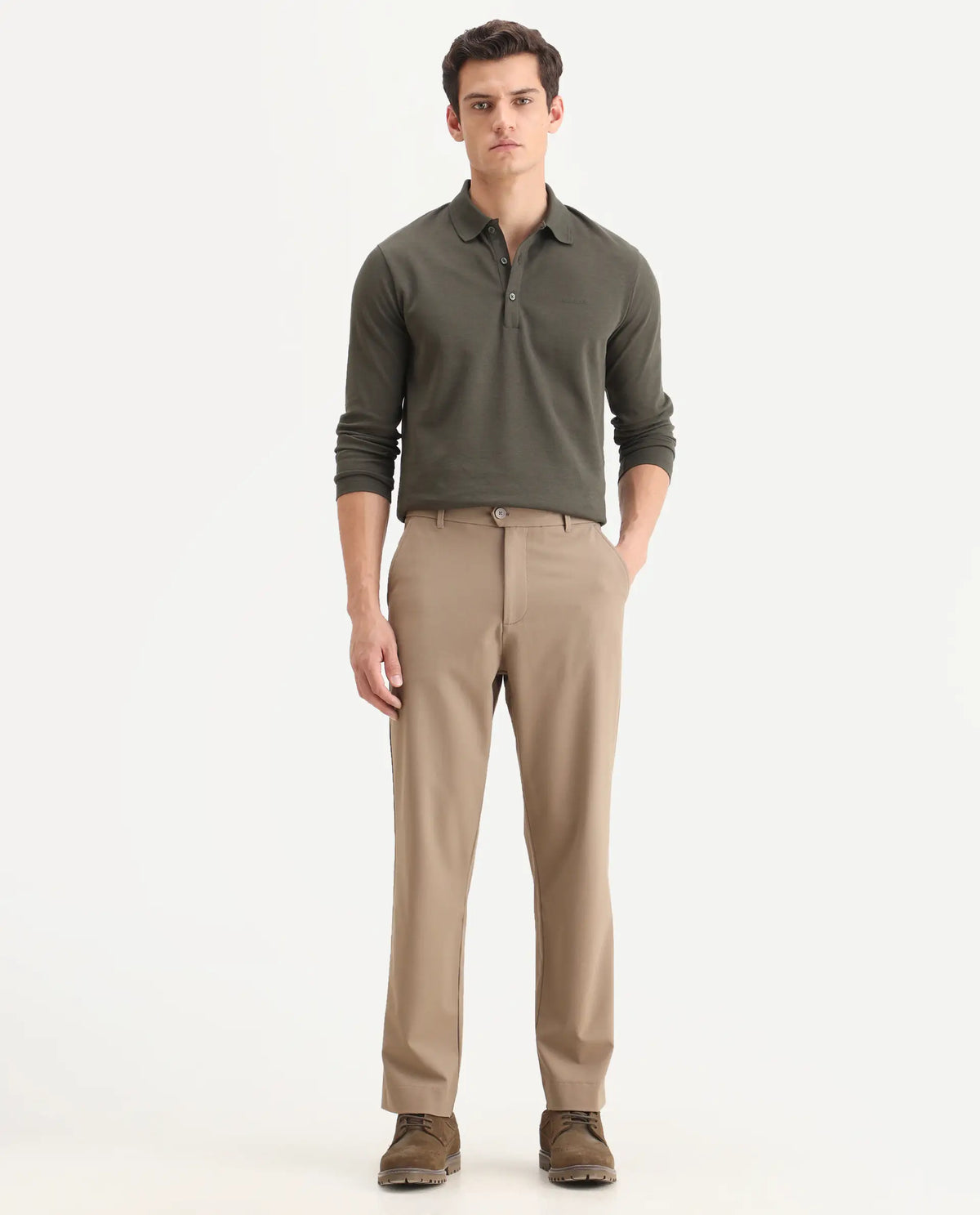 Rare Rabbit Men Kenal Beige Polyester Blend Fabric Button Closure Plain Trouser