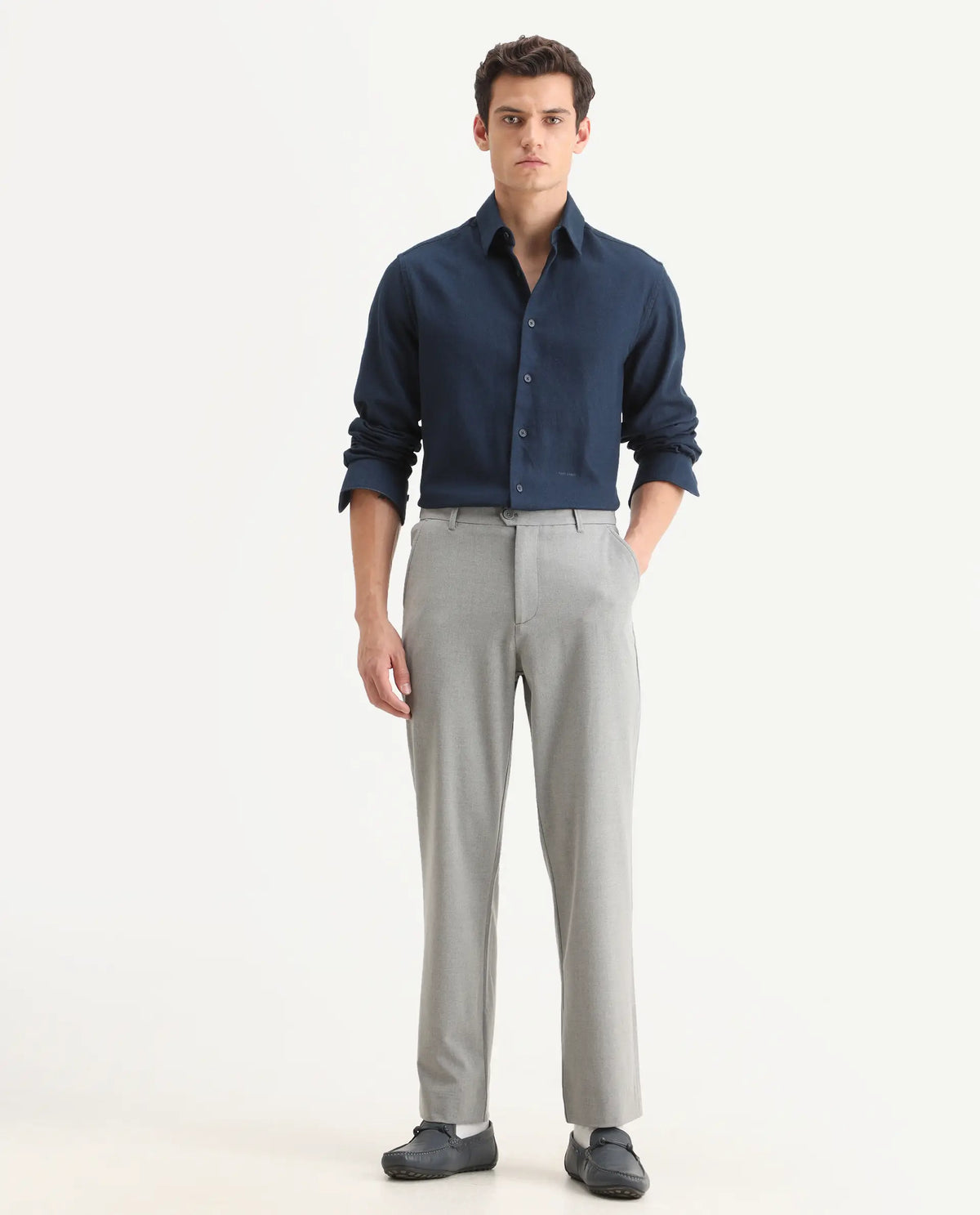 Rare Rabbit Men Kenal Dark Grey Polyester Blend Fabric Button Closure Plain Trouser