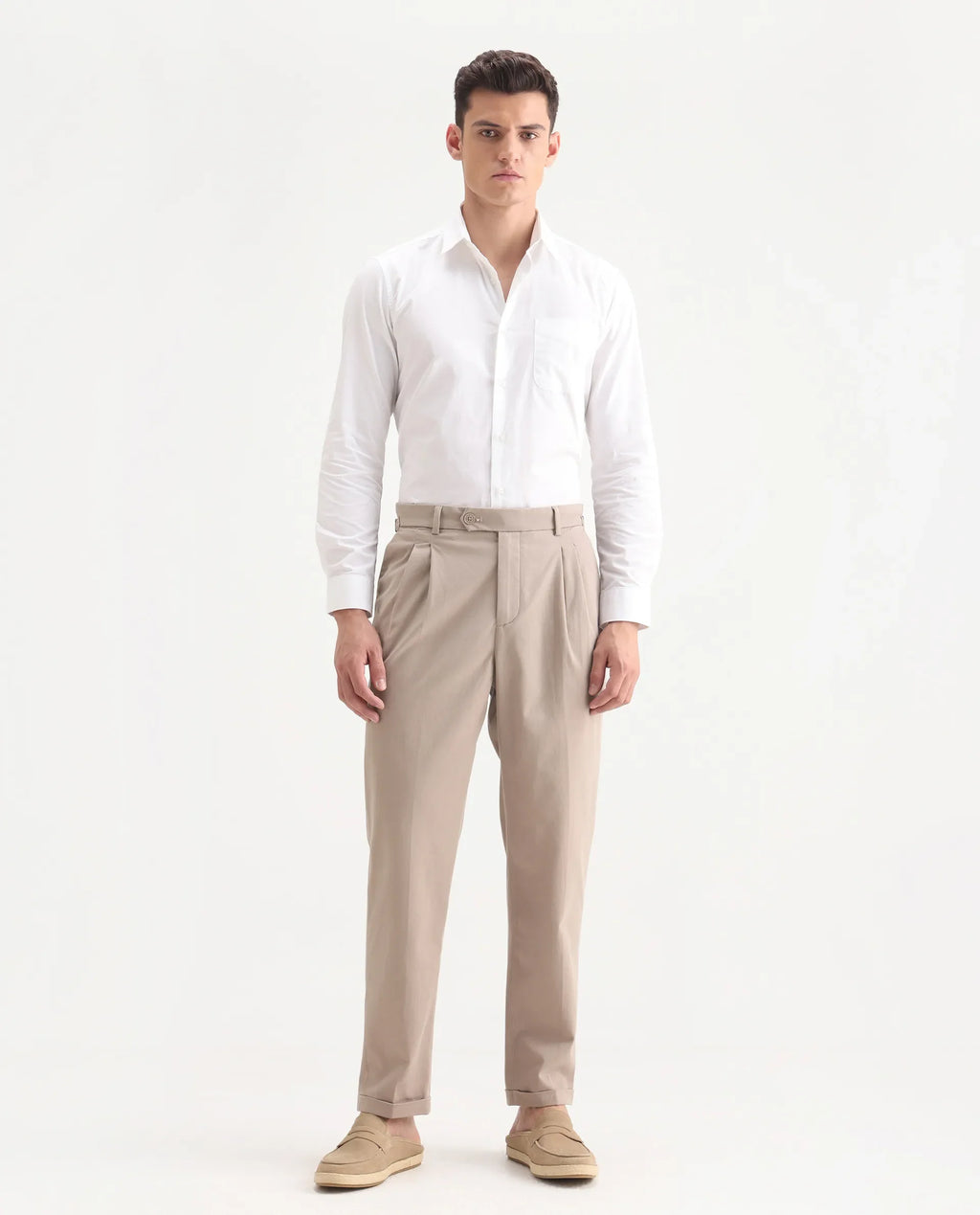 Rare Rabbit Men's Leni Dark Beige Cotton Blend Plain Regular Fit Gurkha Trouser