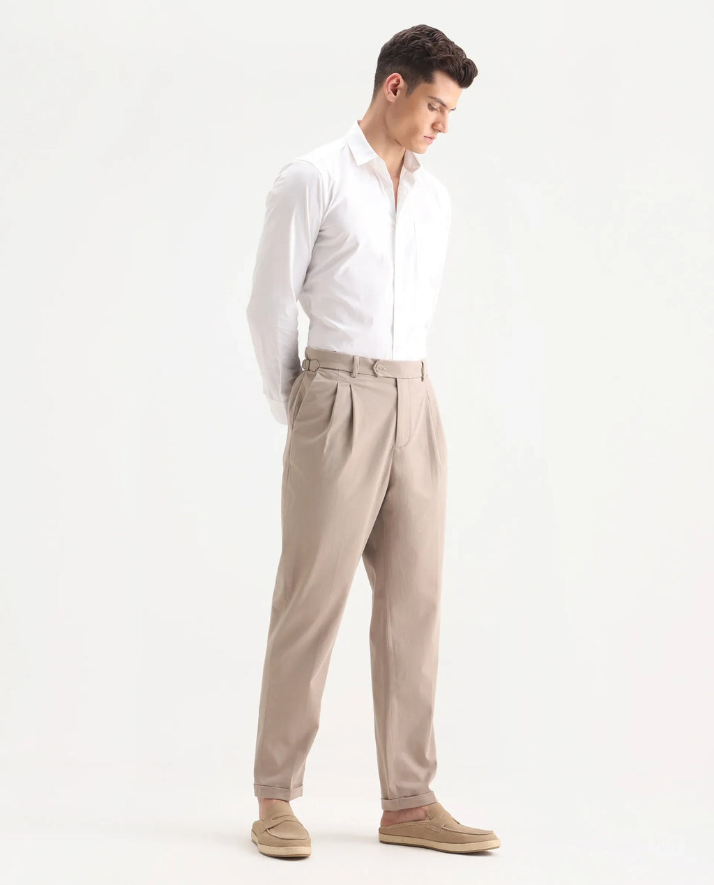 Rare Rabbit Men's Leni Dark Beige Cotton Blend Plain Regular Fit Gurkha Trouser