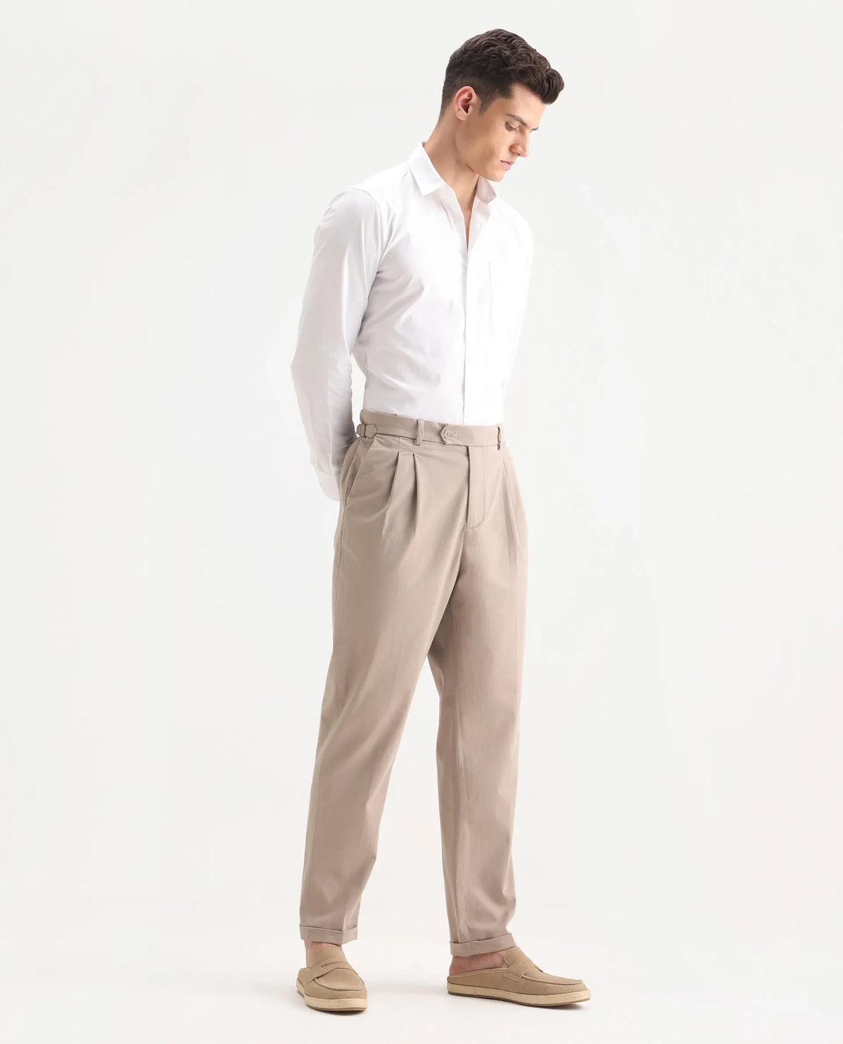 Rare Rabbit Men's Leni Dark Beige Cotton Blend Plain Regular Fit Gurkha Trouser