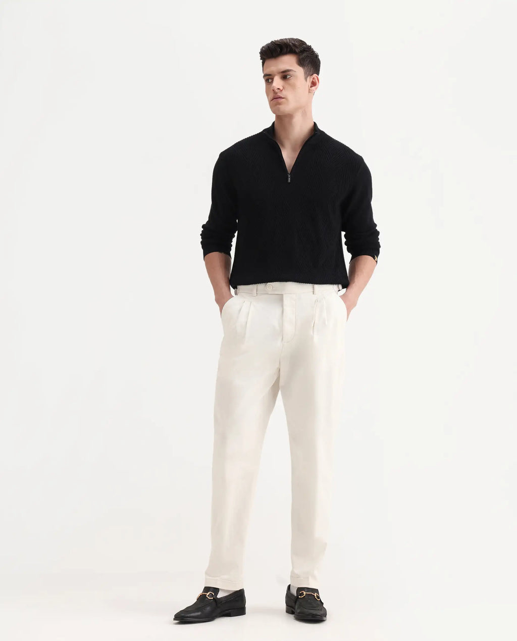 Rare Rabbit Men's Leni White Cotton Blend Plain Baggy Fit Gurkha Trouser