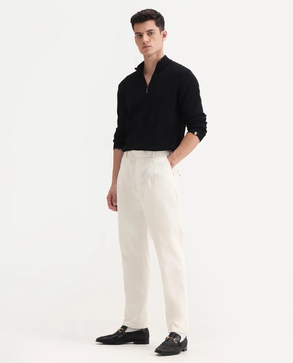 Rare Rabbit Men's Leni White Cotton Blend Plain Baggy Fit Gurkha Trouser
