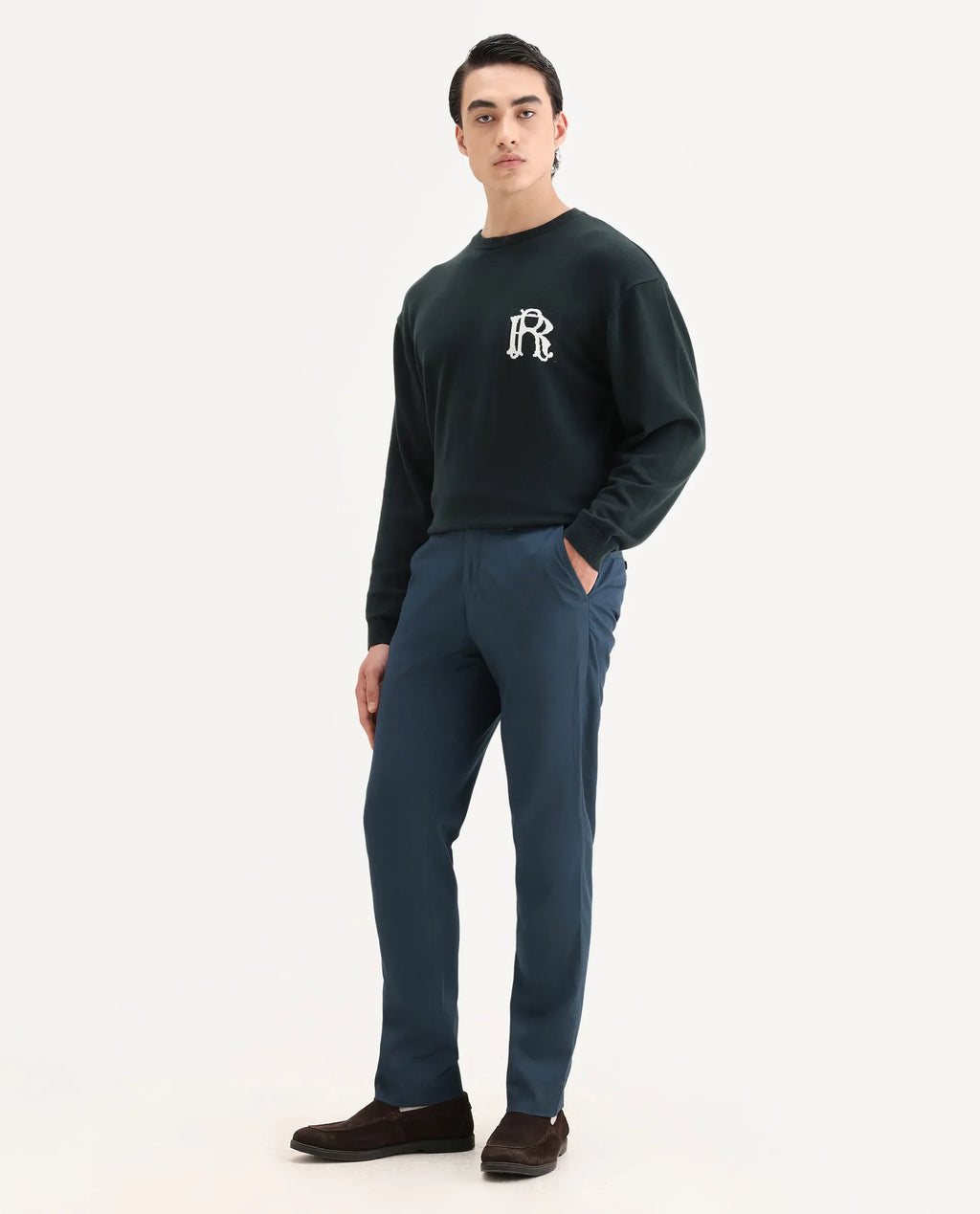 Rare Rabbit Men's Lingo Petrol Polyester Plain Regular Fit Trouser