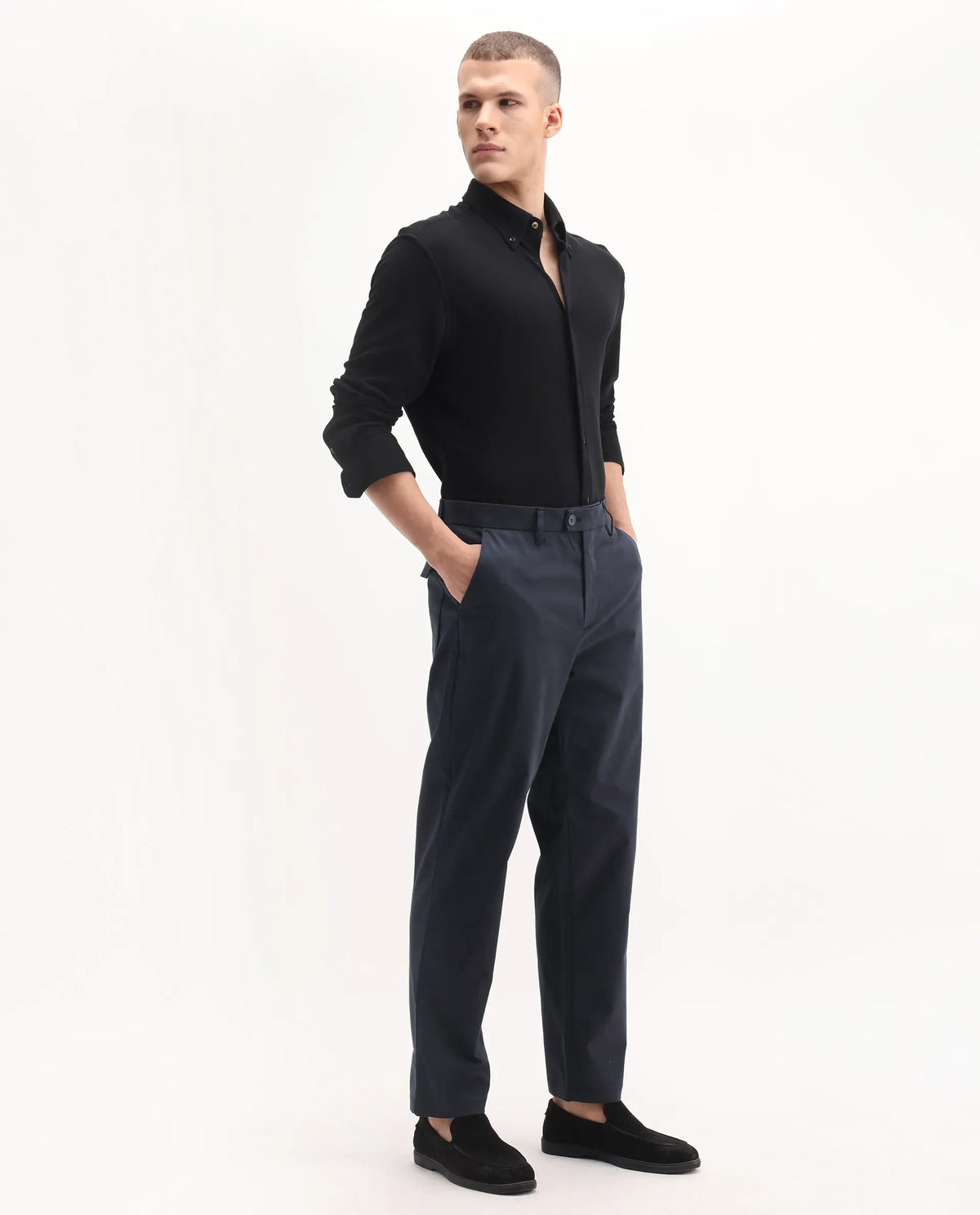 Rare Rabbit Men's Lubeck Navy Cotton Plain Relaxed Fit Trouser