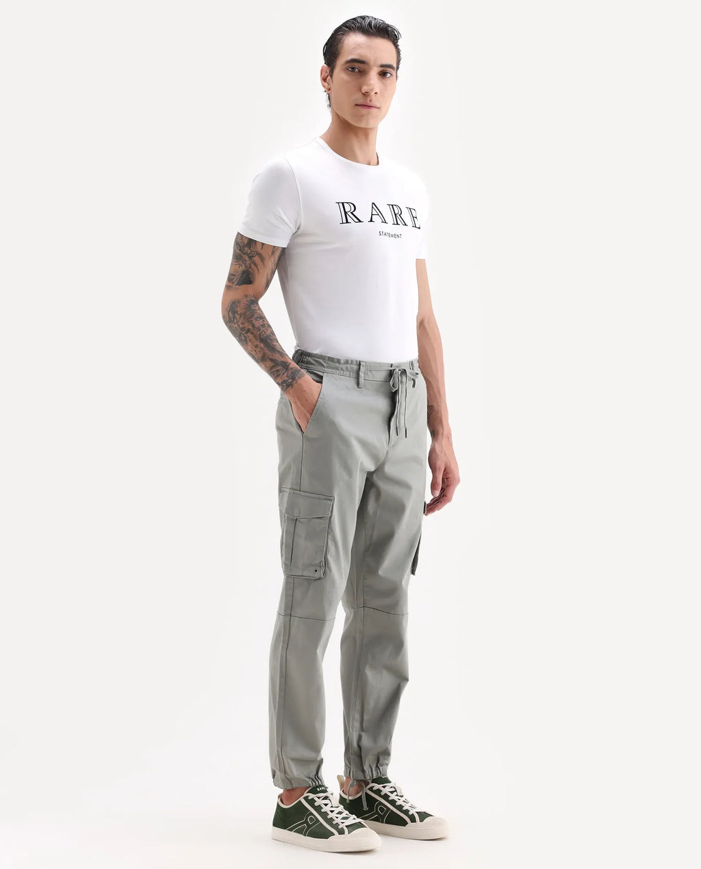 Rare Rabbit Men's Maks Dusky Olive Cotton Plain Regular Fit Trouser