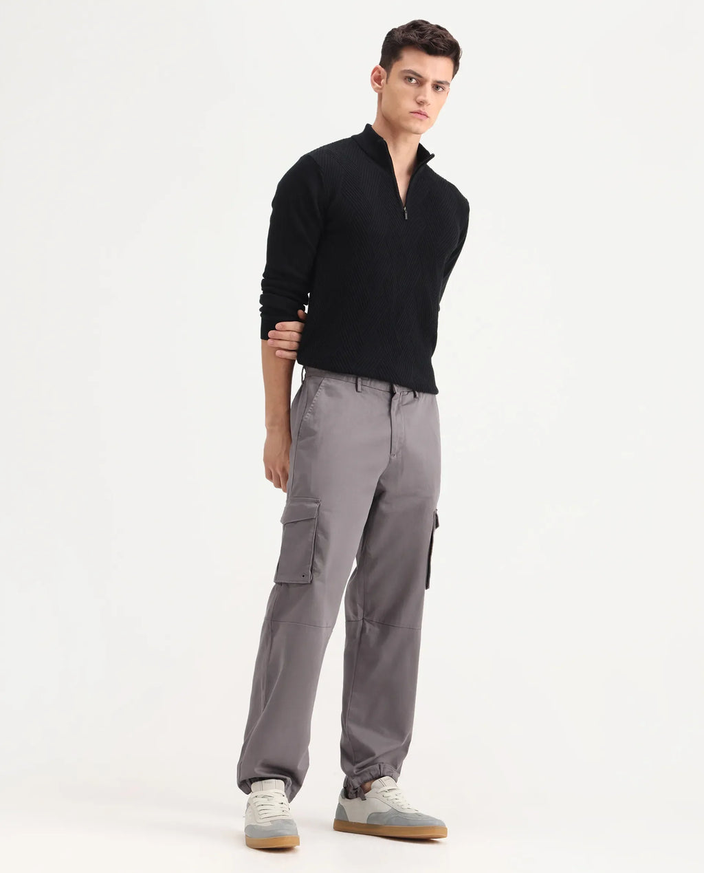 Rare Rabbit Men's Maks Dark Grey Cotton Plain Regular Fit Trouser