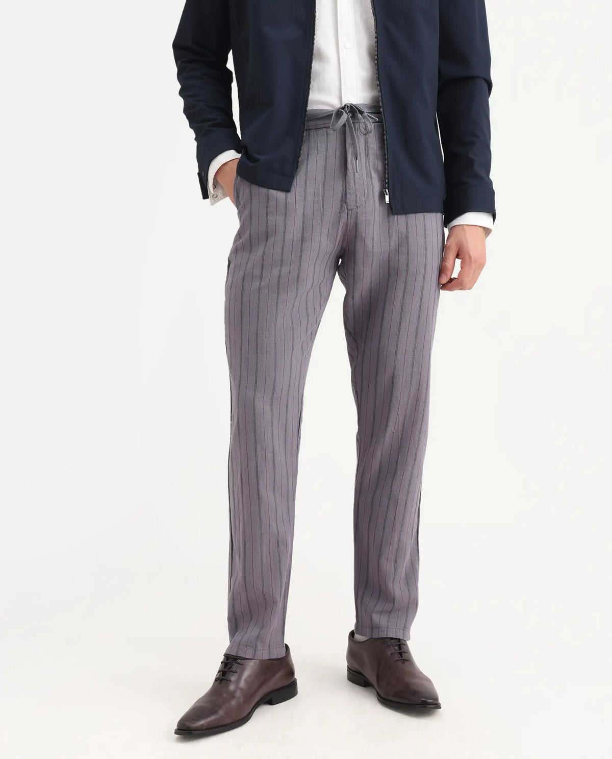 Rare Rabbit Men's Milos Dusky Purple Linen Blend Striped Print Regular Fit Trouser