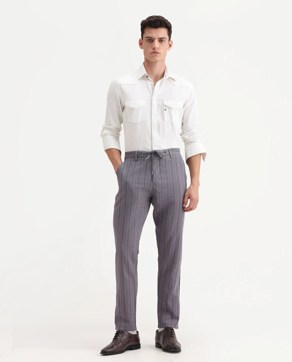 Rare Rabbit Men's Milos Dusky Purple Linen Blend Striped Print Regular Fit Trouser