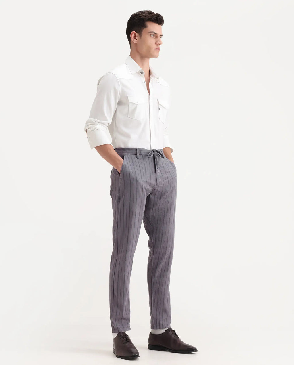 Rare Rabbit Men's Milos Dusky Purple Linen Blend Striped Print Regular Fit Trouser