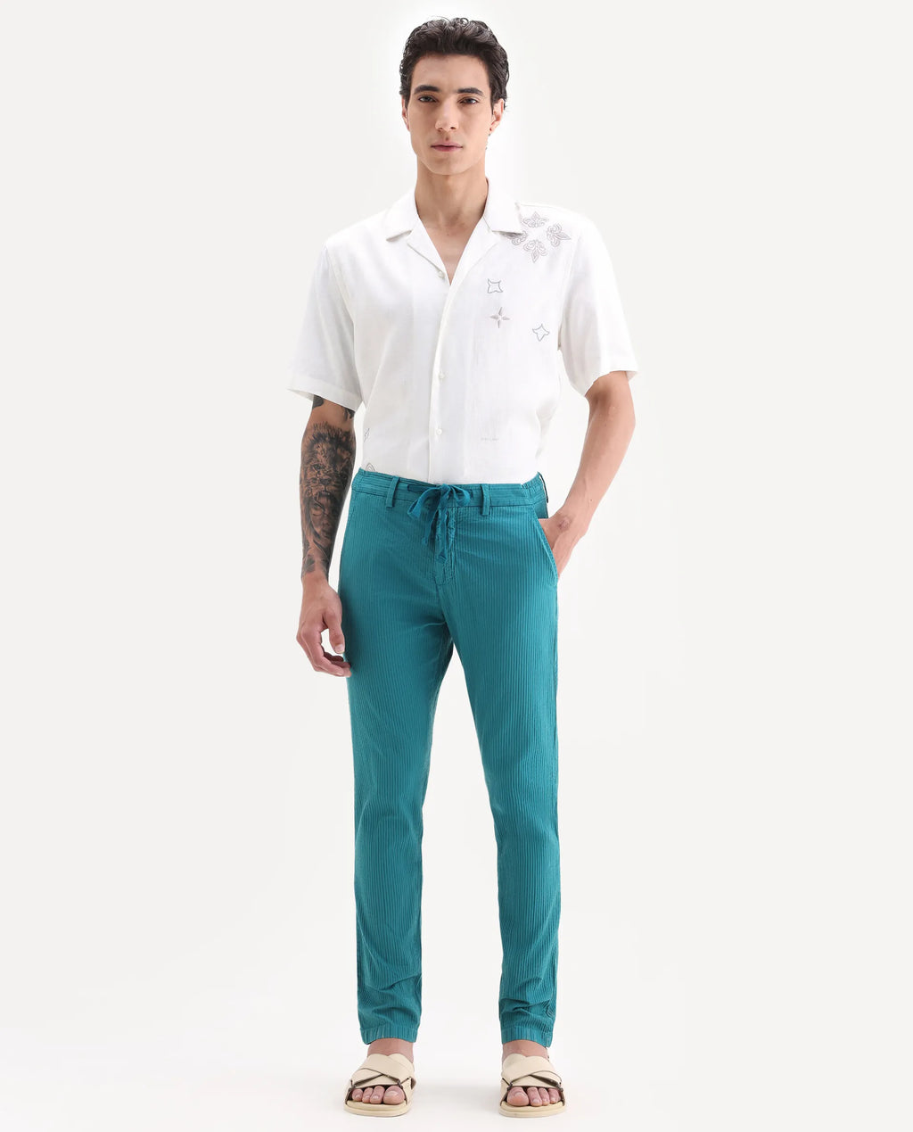 Rare Rabbit Men's Monter Green Cotton Striped Print Regular Fit Trouser