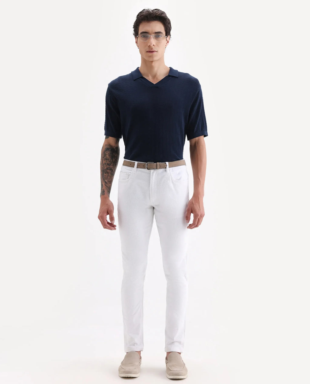 Rare Rabbit Men's Nahor White Cotton Plain Regular Fit Trouser