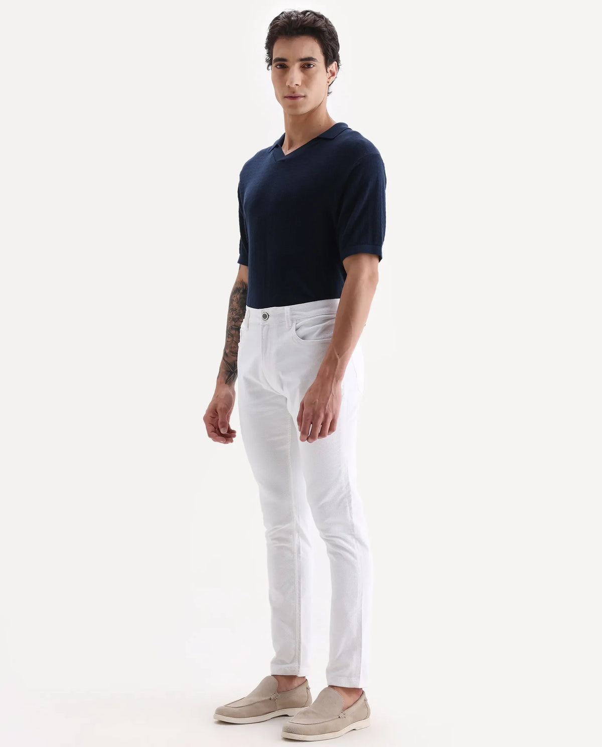 Rare Rabbit Men's Nahor White Cotton Plain Regular Fit Trouser