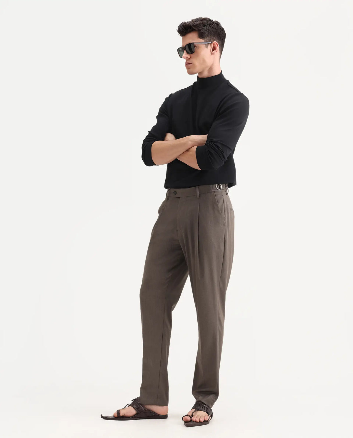 Rare Rabbit Men's Naji Dark Brown Polyester Blend Plain Relaxed Fit Gurkha Trouser