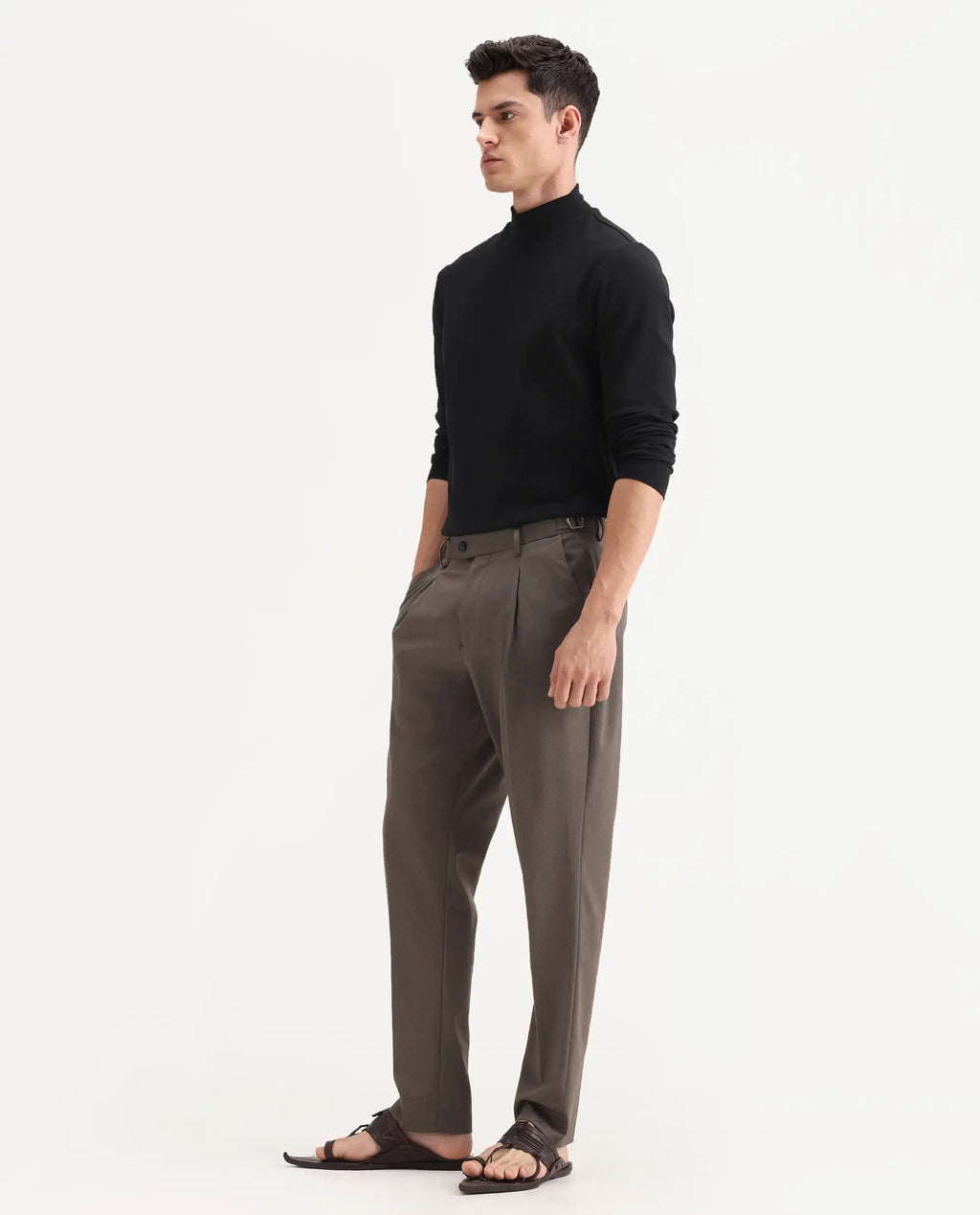 Rare Rabbit Men's Naji Dark Brown Polyester Blend Plain Relaxed Fit Gurkha Trouser