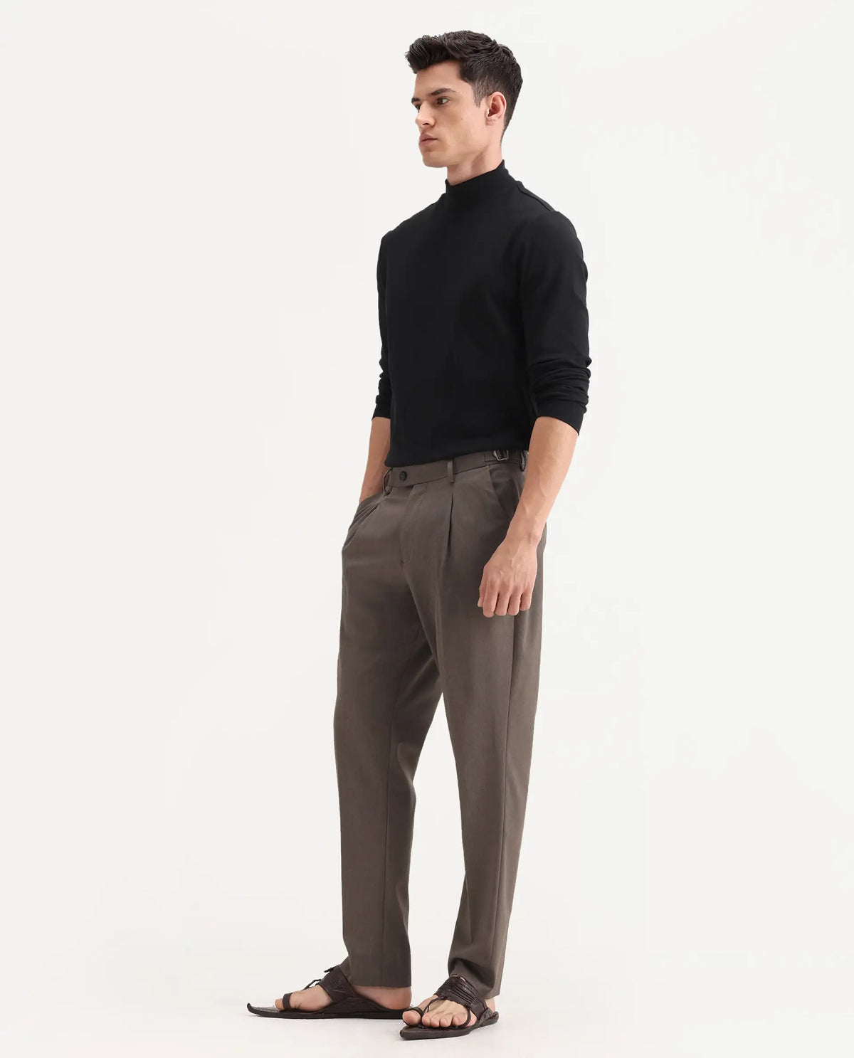 Rare Rabbit Men's Naji Dark Brown Polyester Blend Plain Relaxed Fit Gurkha Trouser