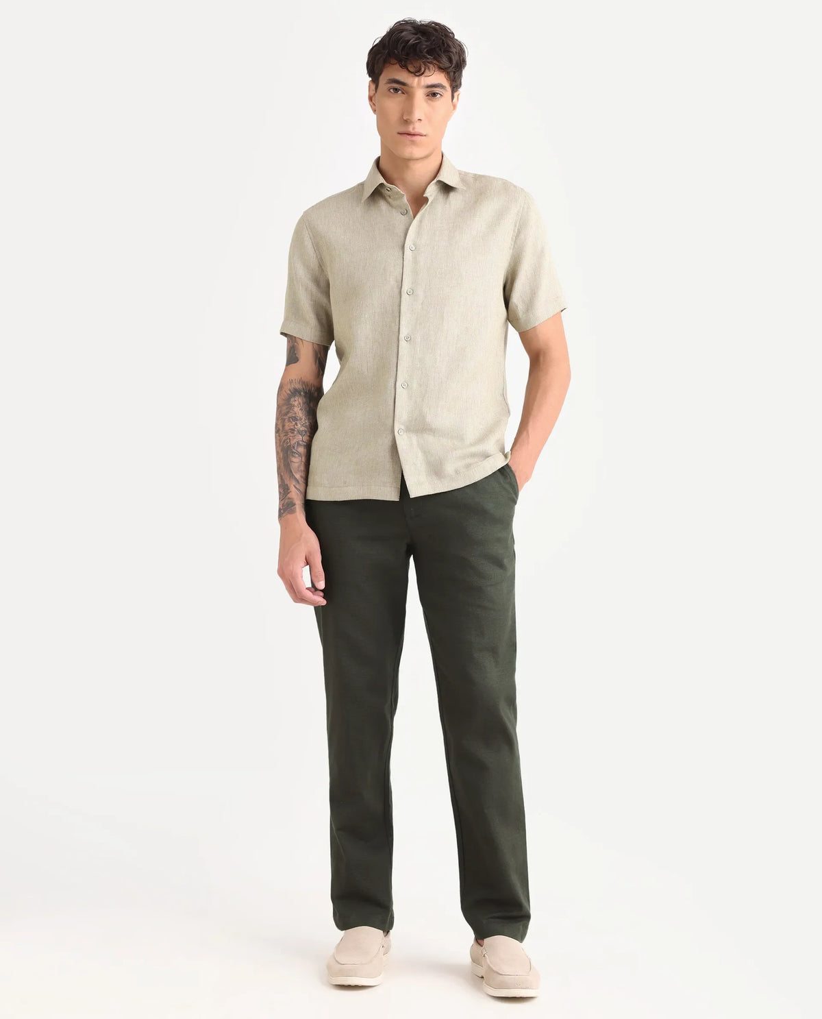 Rare Rabbit Men's Oros Dark Green Cotton Blend Fabric Regular Fit Plain Trouser