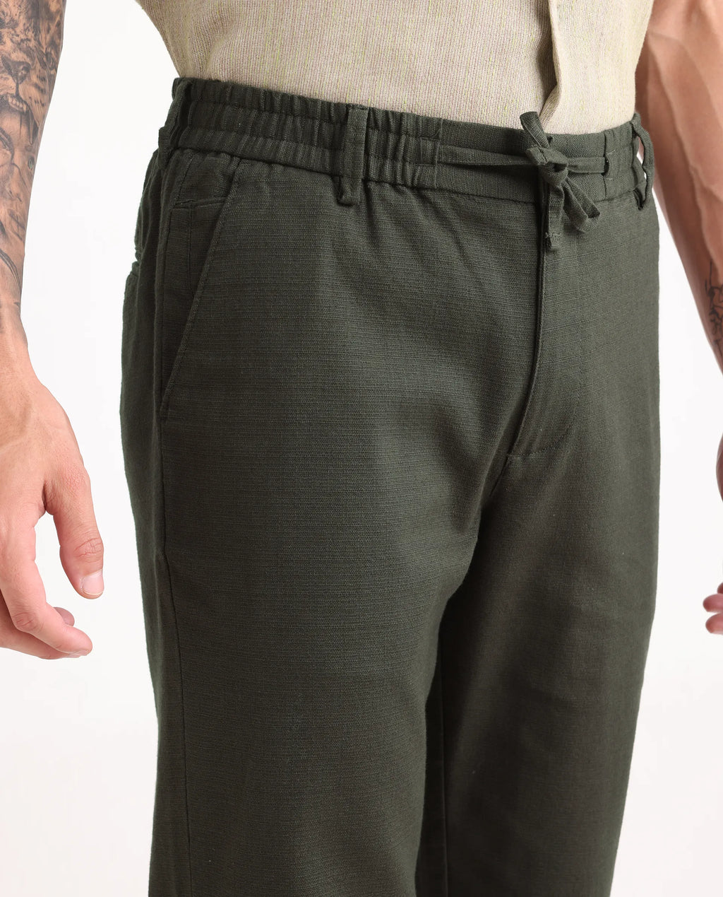 Rare Rabbit Men's Oros Dark Green Cotton Blend Fabric Regular Fit Plain Trouser