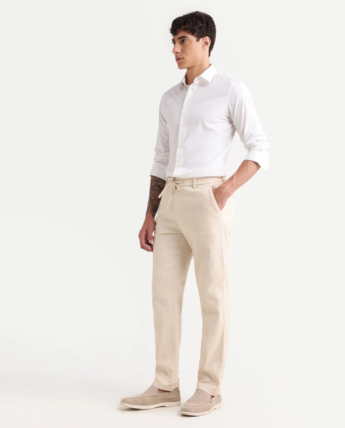 Rare Rabbit Men's Oros Light Beige Cotton Blend Fabric Regular Fit Plain Trouser