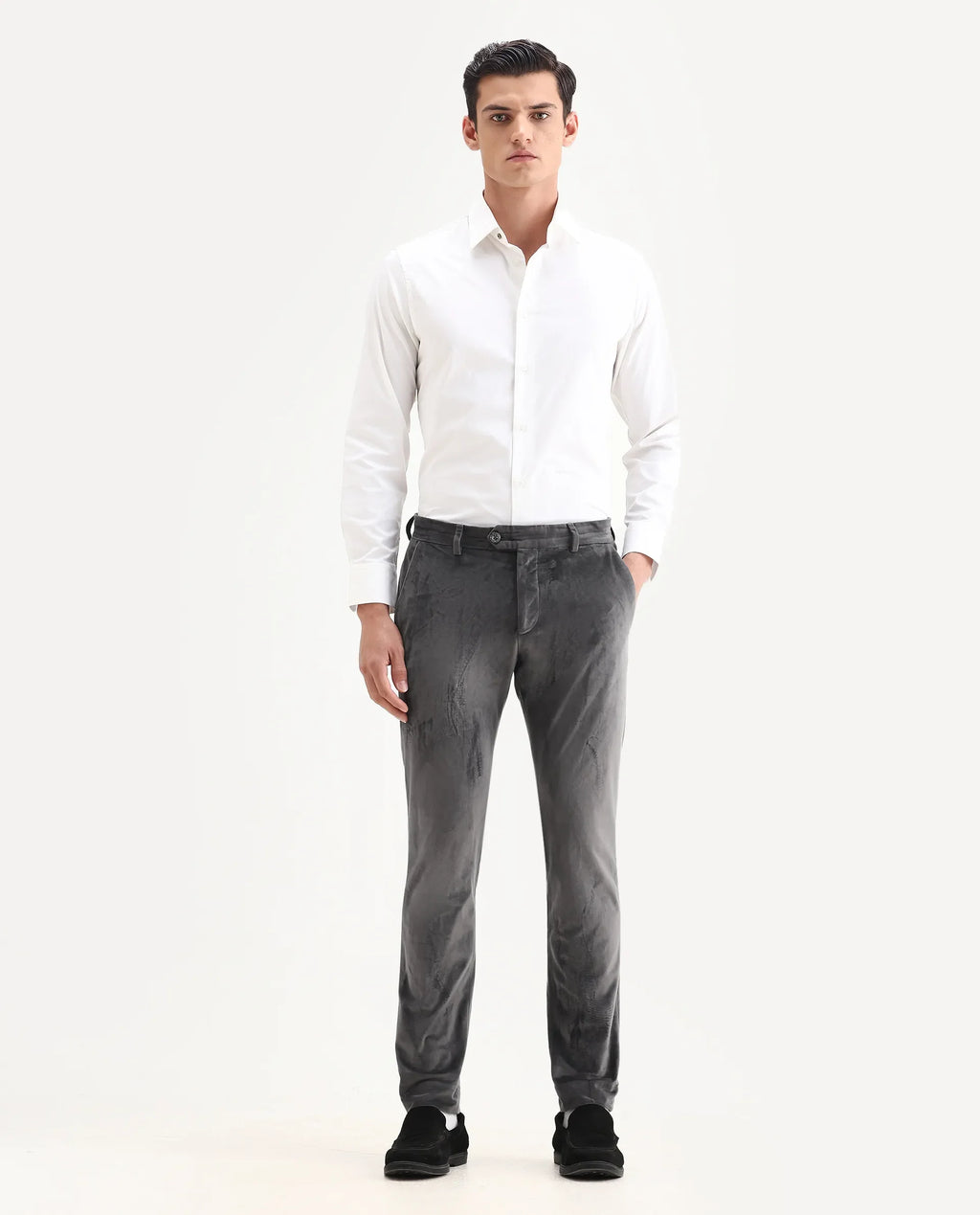 Rare Rabbit Men's Ozzy Grey Cotton Plain Slim Fit Trouser