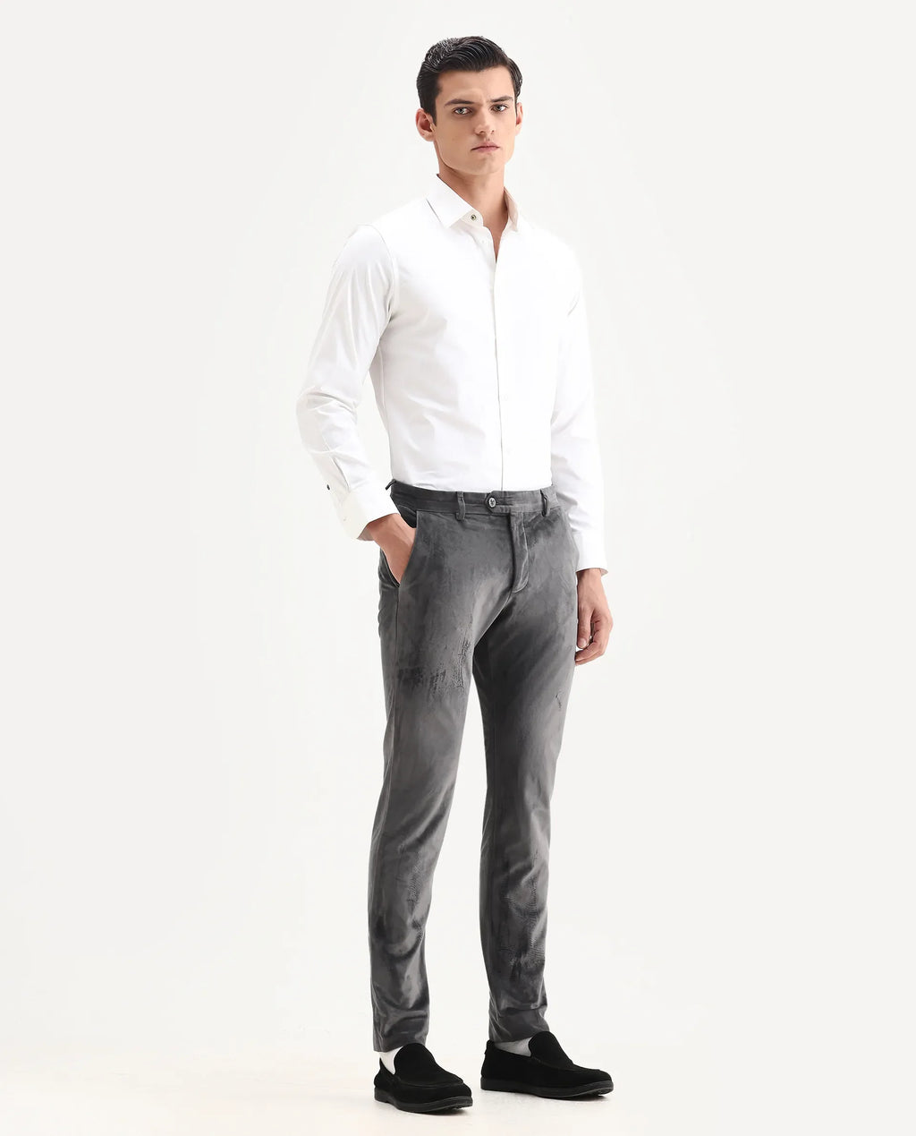 Rare Rabbit Men's Ozzy Grey Cotton Plain Slim Fit Trouser