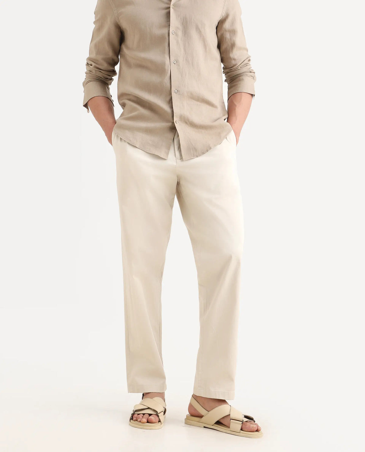 Rare Rabbit Men's Parga Light Beige Cotton Blend Fabric Regular Fit Plain Trouser