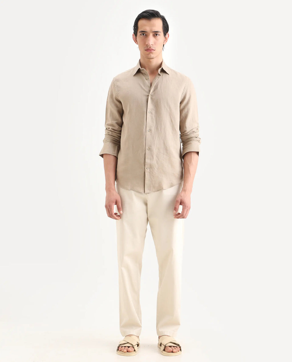 Rare Rabbit Men's Parga Light Beige Cotton Blend Fabric Regular Fit Plain Trouser