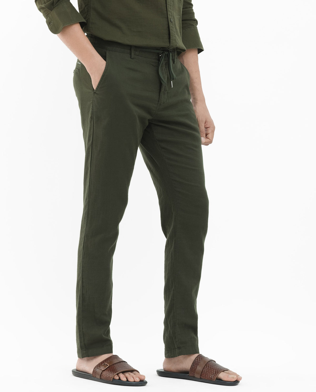 Rare Rabbit Men's Pastor 2 Olive Cotton Plain Regular Fit Trouser