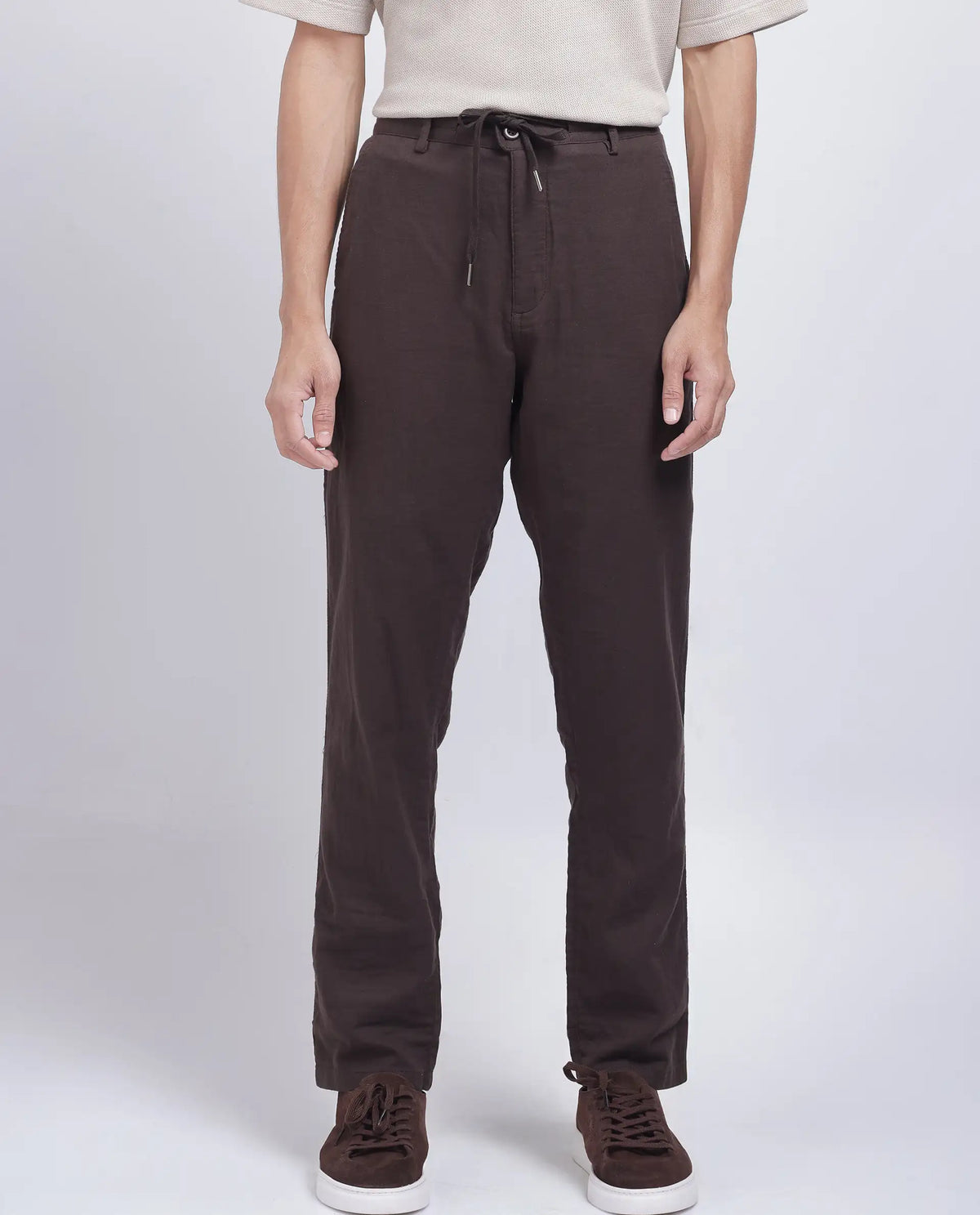 Rare Rabbit Men's Pastor-25 Brown Cotton Plain Regular Fit Trouser
