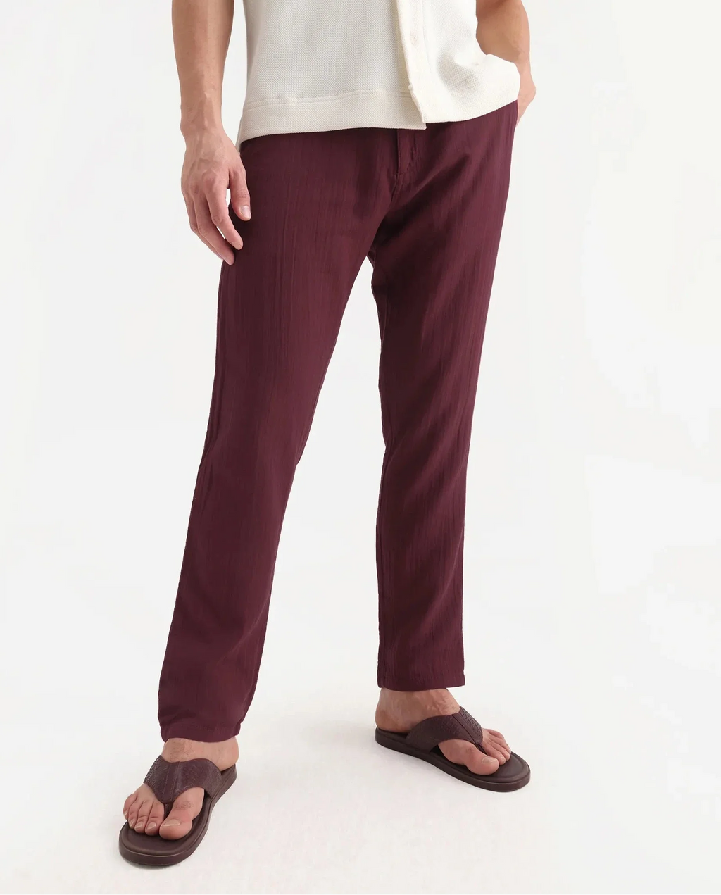 Rare Rabbit Men's Pastor-3 Dark Maroon Cotton Plain Regular Fit Trouser