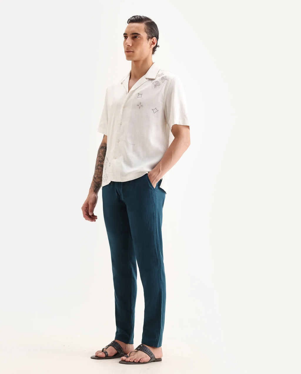 Rare Rabbit Men's Pastor-Aw25 Dark Teal Cotton Plain Regular Fit Trouser